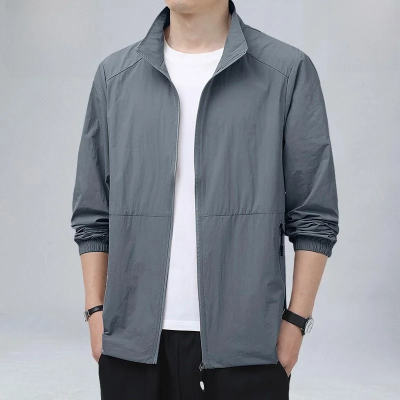 ملابس بيير كاردان للرجال من الحرير الجليدي للحماية من الشمس وياقة واقفة، ملابس خارجية غير رسمية، سحاب صيفي رقيق مزين