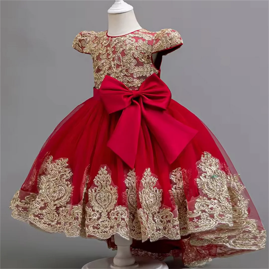 

Customized Girls Big Bow Tail Princess Dress Fashion Embroidery Baby Birthday Dress Wedding Flower Girl Dress Elegant