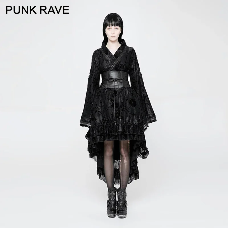 PUNK RAVE Lolita Women Loose Profile Lace Dresses Soft Satin Fabric Independent Waist Seal Flocking Printing Modern Kimono