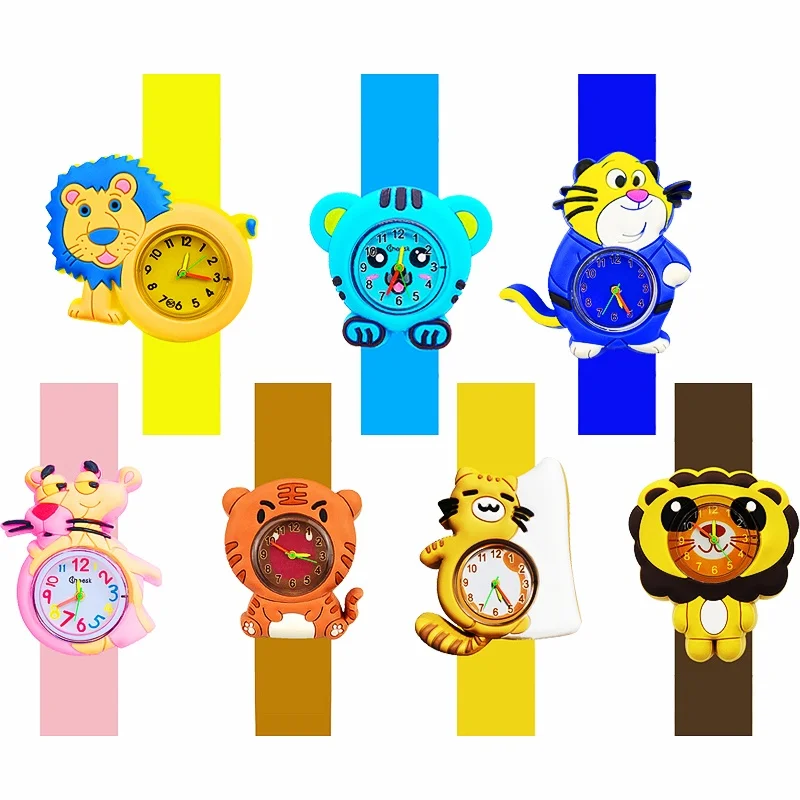 어린이용 사랑스러운 호랑이 소년 시계, 만화 사자 팔찌, 공부 시간 장난감 슬랩 시계, 추가 배터리 포함, 보상 선물