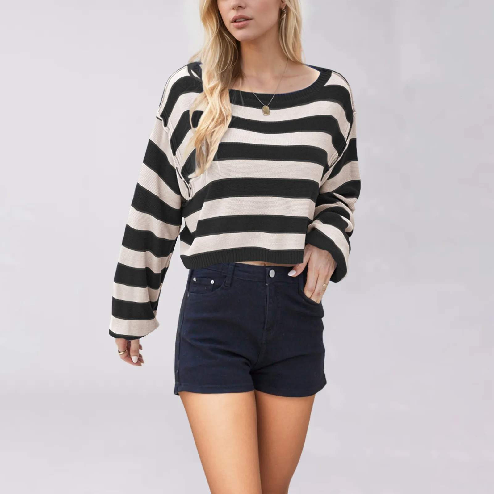 Short Striped Knit Sweater For Women Loose Fit Chunky Sweater Women Women Pullover Sweaters Trendy Holiday Sweaters for Women