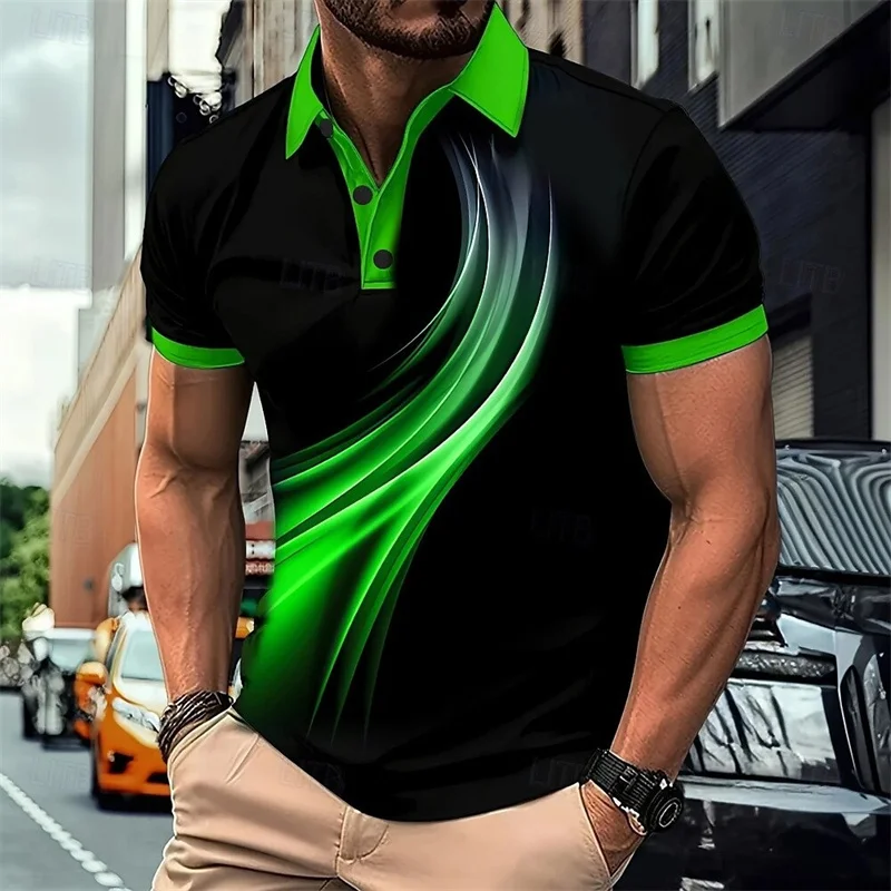 Lined Splice Pattern Men's Polo Shirt Colorful Texture 3D Print Summer Short Sleeve Loose Lapel Top