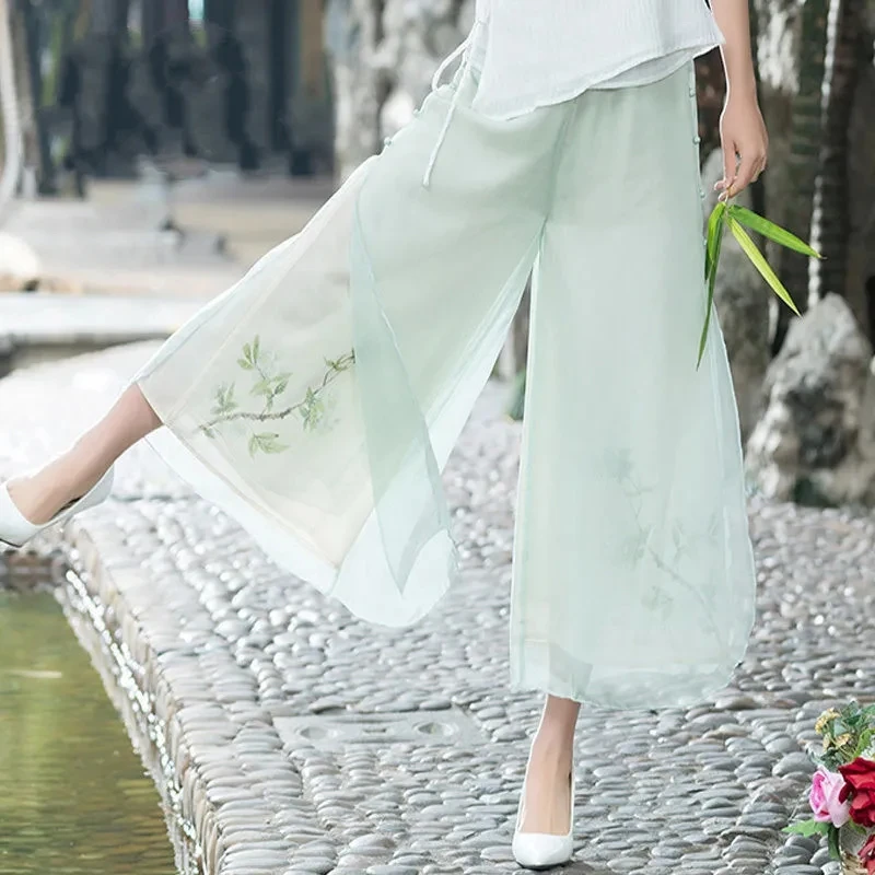 New Summer National Style Chiffon Printing Wide-Leg Pants Women Chinese Vintage Harajuku Fashion Female Elastic Waist Trousers