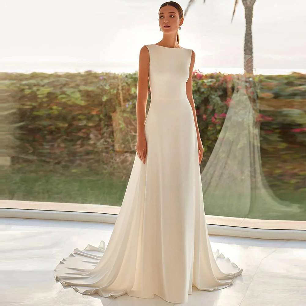 

Simple O-Neck Sleeveless Wedding Dresses with Open Back Customized Jersey Evening Dress Temperament Court Train Party Gowns