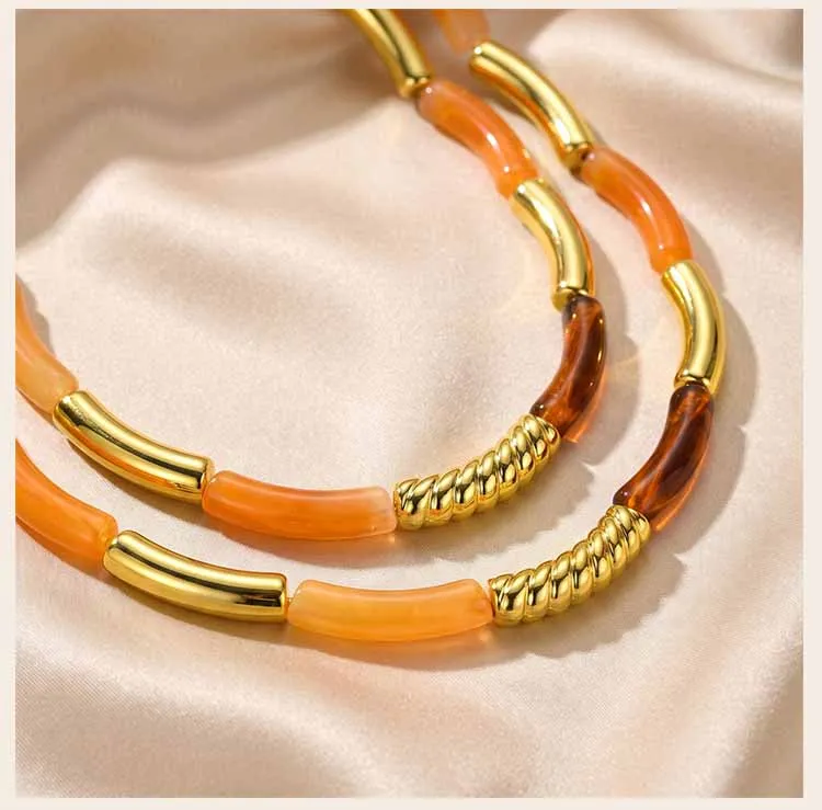 Chunky Harz-Perlenkette für Damen, 18K vergoldete Edelstahl-Röhrenperlen Statement Choker Halskette Vintage Schmuck Geschenk – Detail 6