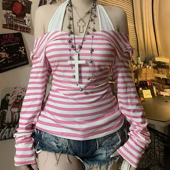 Onalippa רטרו פסים בצבע חסם את הצוואר העליון נשים שני חלקים סט ילדה פיקנטית ילדה פיקנטית את הכתף המילניום רזה תכליתי