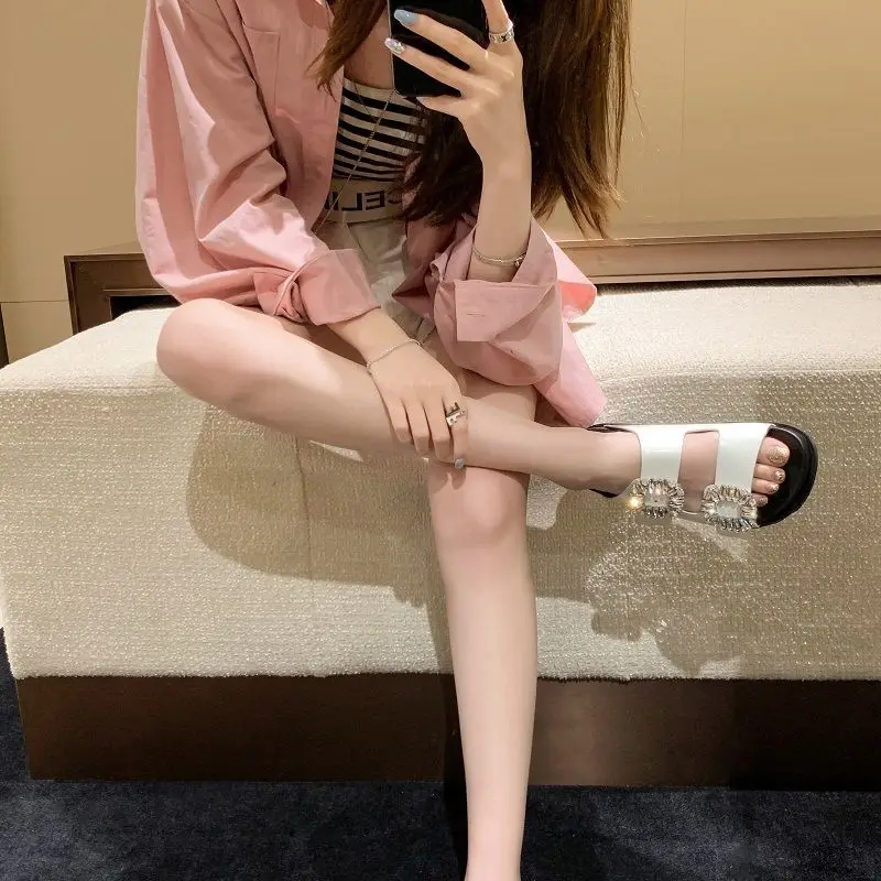 

2026 New Trendy Women's Summer Versatile Platform Sandals with Square Rhinestone Buckle for Casual Beach Outdoor Footwear