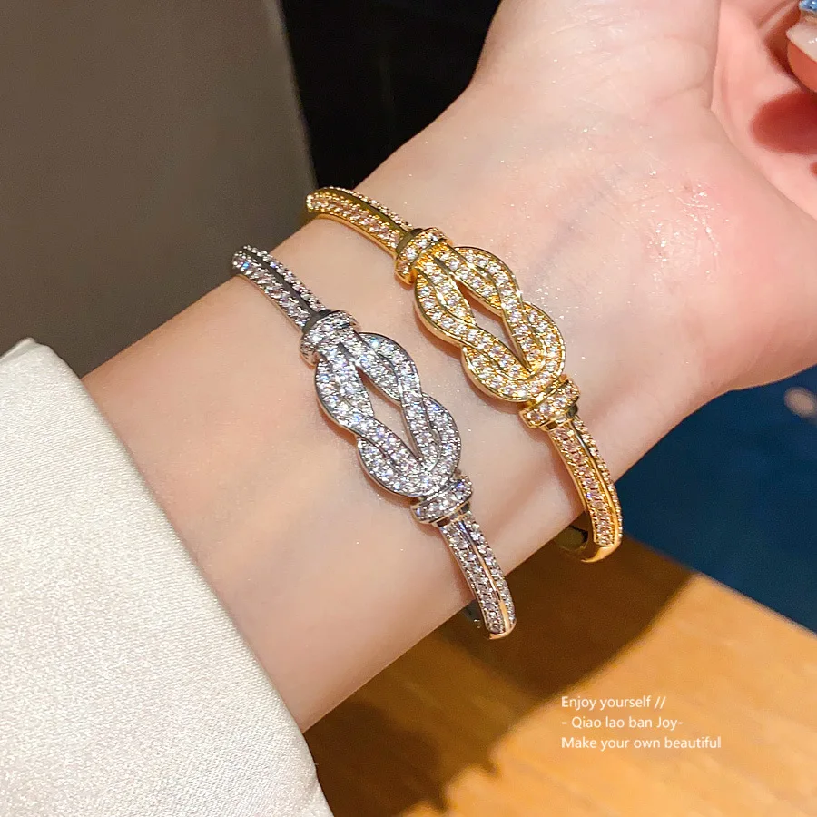 

Luxury Knotted Cuff Bracelet with Zircon Closure, Elegant Adjustable Wrap Bangle for Women, Everyday Elegant Wrist Jewelry