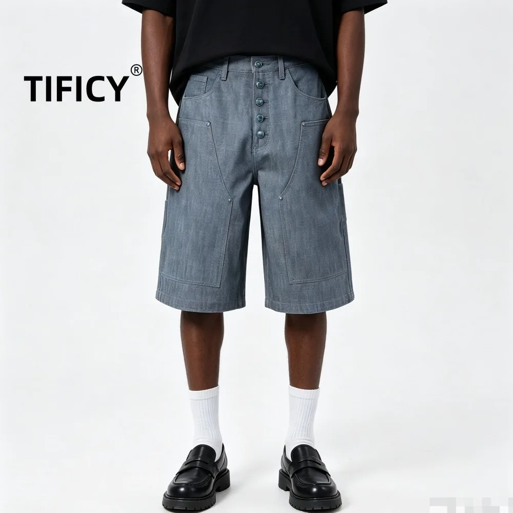 

High Street New Original Niuhu Lake Green Workwear with Breasted Denim Casual Shorts for Men's Loose Cropped Pants