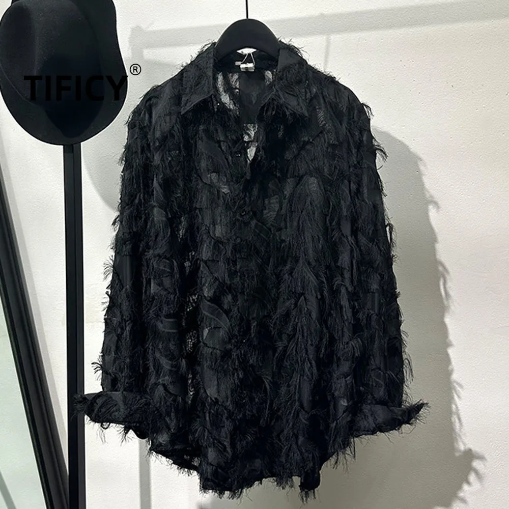 

High Street Dark Black Hollow Out Feather Print Loose Long Sleeved Shirt for Men's A Sense of Luxury and Temperament Shirts Tops