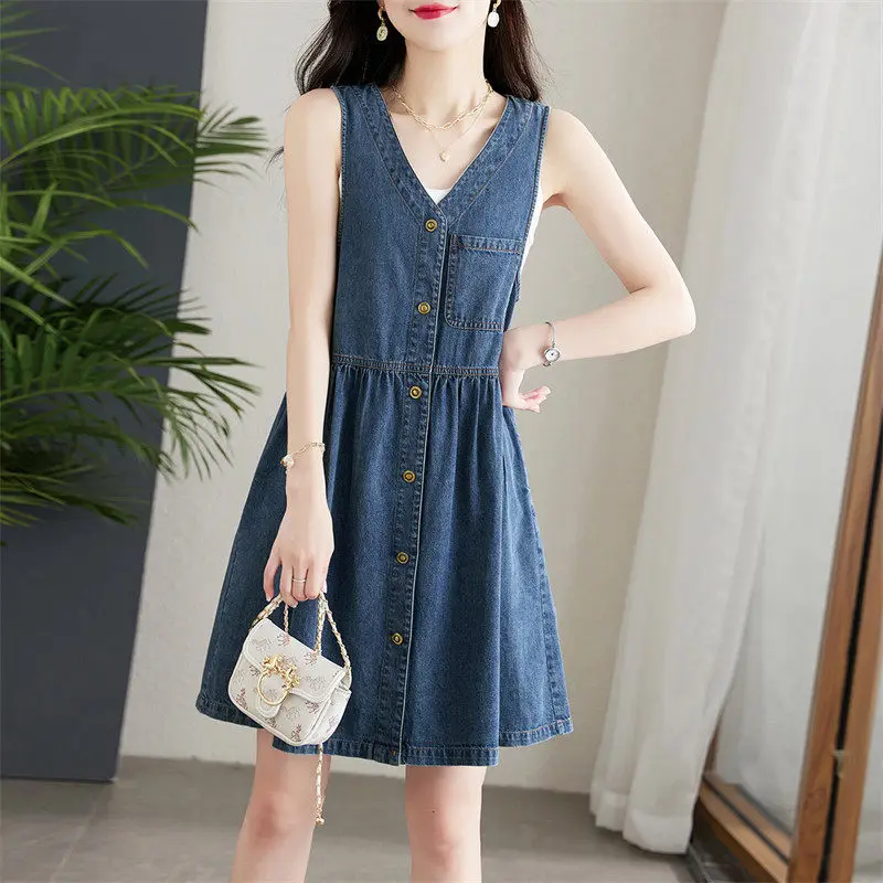 Women High Waist Retro Denim Dress V-neck Sleeveless Tank Korean Style Sweet Fashion A-Line Female Elegant Single Breasted Vesti