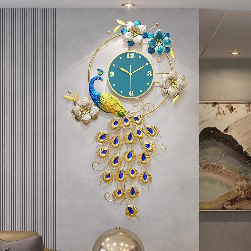 Movement Mechanism Wall Clock Peacock Aesthetic Living Room Wall Clock Luxury Metal Reloj De Pared Para Salon Wall Decor