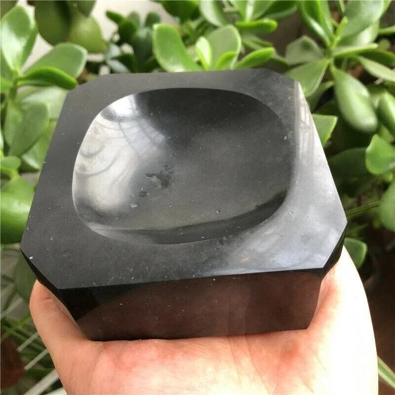 Natural Black Tourmaline Ashtray, Quartz Crystal Black Ore Polished Ashtray, Mineral Healing