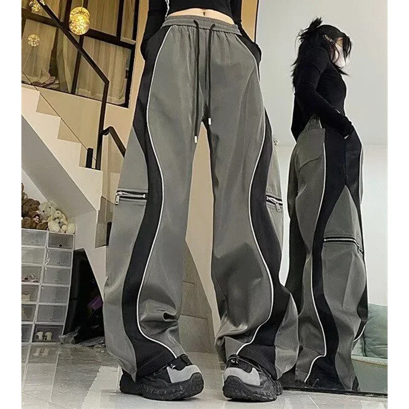 Patchwork Cargo Pants Women American Loose Hip Hop Casual Fall Winter Lines Wide-Leg Pants High-Waisted Fashion Zipper Trousers