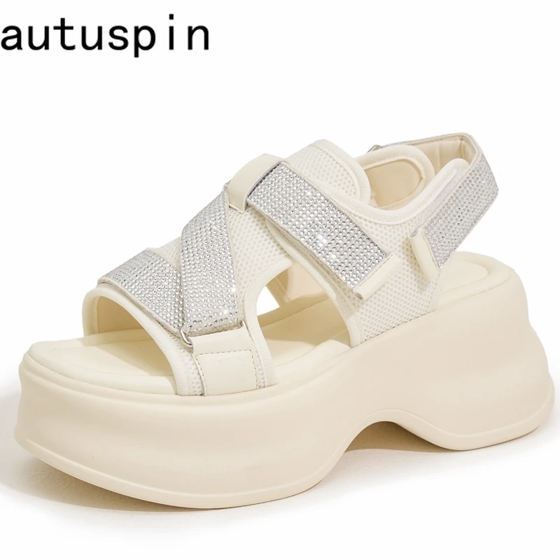 

Autuspin 2024 Trend Rhinestone Women's Sandals Summer Fashion Peep Toe Crystal Rome Style Platform Shoes Beach Party High Heels