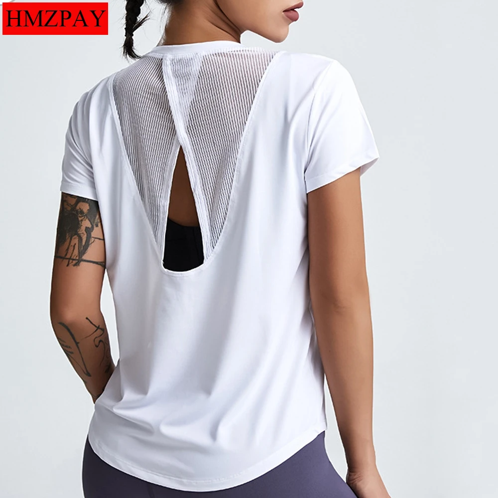 Ropa de Yoga suelta para mujer, Tops de manga corta para correr, ropa de secado rápido, camisetas cortas deportivas, ropa de Fitness hueca, blusas