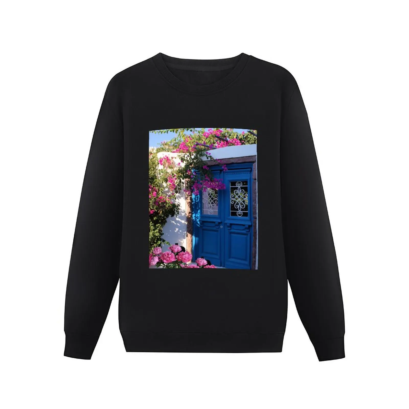 Greek Santorini Blue Door Pink Flowers Pullover Hoodie men's sweat-shirt set oversize sweatshirt