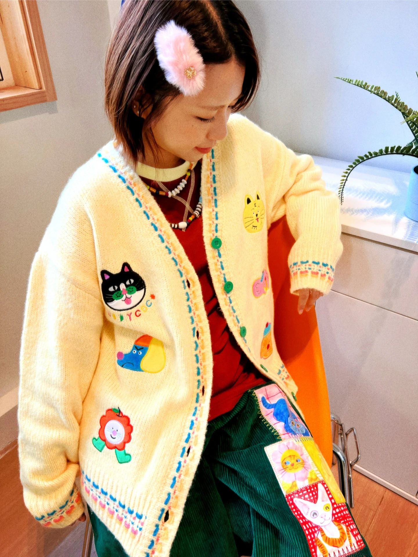 

Uody Spring Autumn New Knitted Cardigan Cute Patchwork Embroidered Winter Warm Sweater Trendy Brand Unique Design Polyester F...