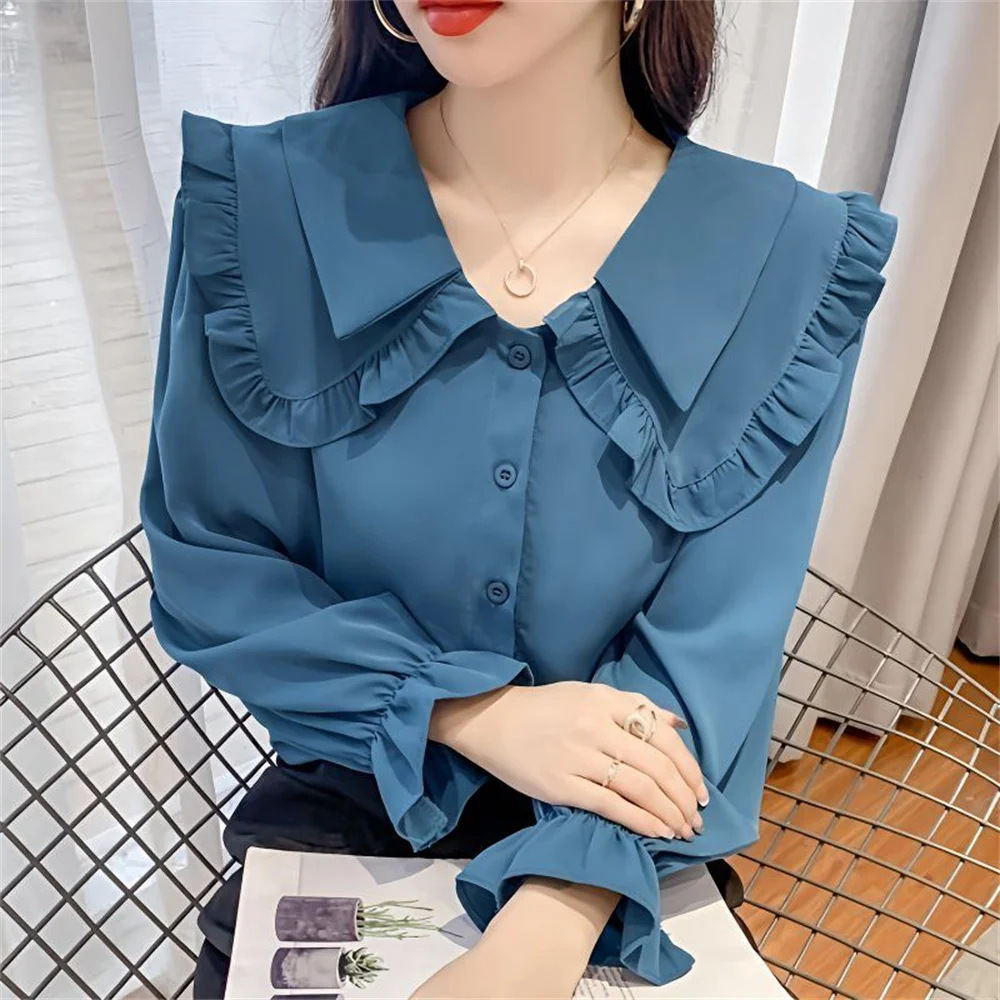 Primavera Autunno 2025 New Fashion Colletto Manica lunga Camicette tinta unita Abbigliamento donna Volant Bottoni Camicie larghe dolci