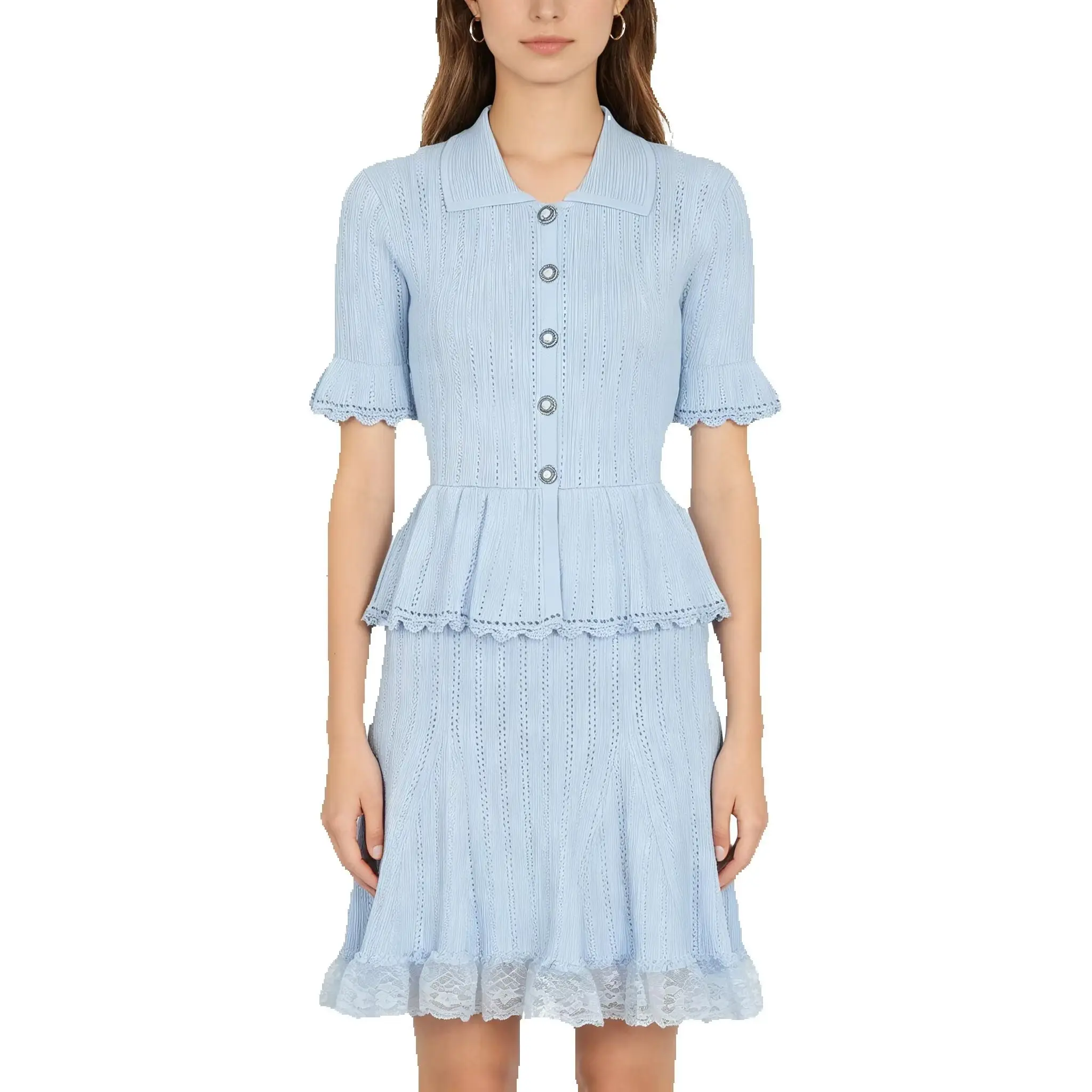 26124 Hochwertiges, modisches, schmal geschnittenes, beliebtes, dehnbares, gestricktes, kurzärmeliges Kleid mit Revers und Knöpfen für Damen.