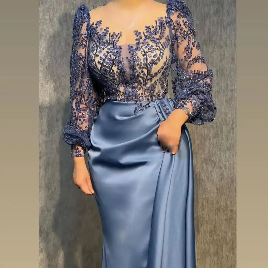 FATAPAESE Elegant Azure Blue color Evening Dress Illusion Neckline Full Sleeve Silky Satin Skirt Special Occasion Gown