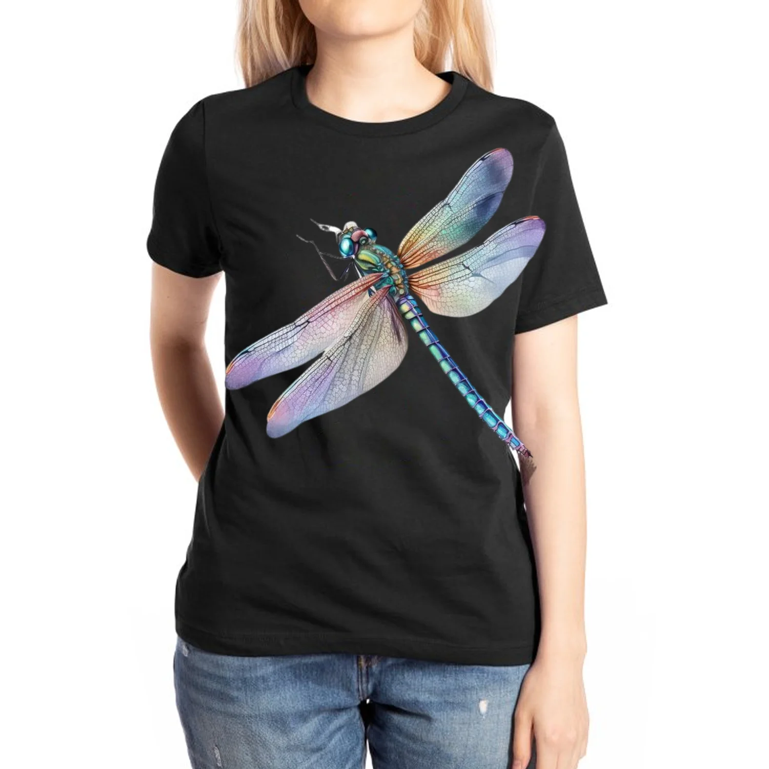 

2024 Summer Women's Cotton T-Shirt Black Oversize Y2K Dragonfly Print Loose Short Sleeve Unisex Casual Comfortable Top Men