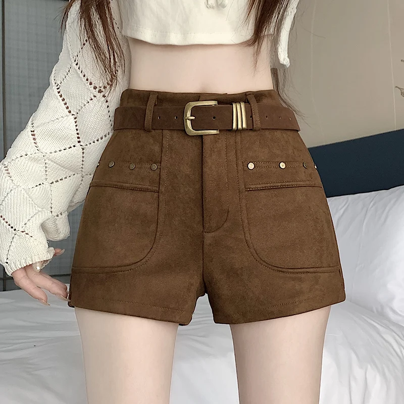 Retro American Design Suede Workwear Shorts Women's High Waist Black Versatile Autumn Winter New Style Casual Straight Leg Pants
