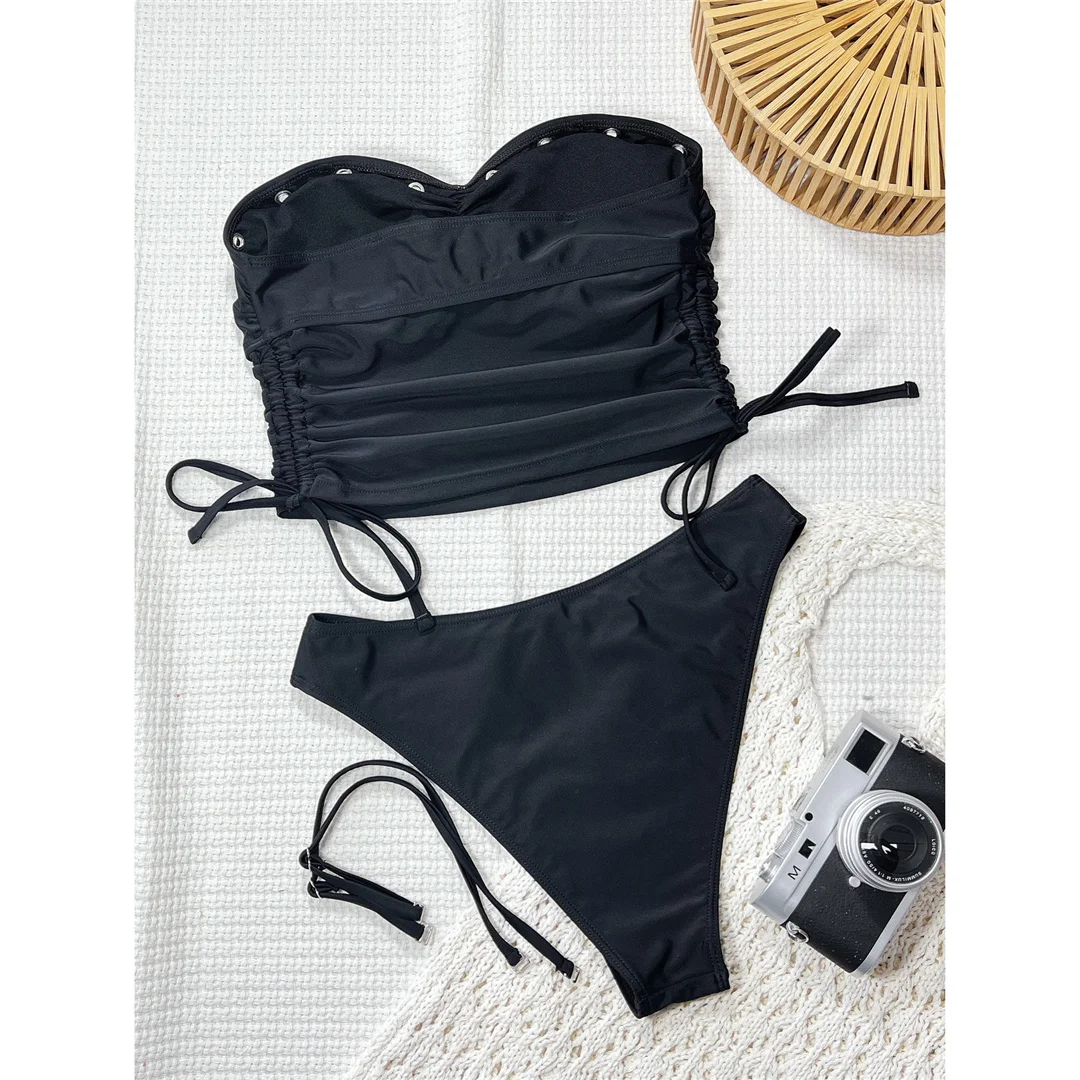 Sexy Bandeau Tankini, geraffter Bikini, Damen-Badebekleidung, zweiteiliger Bikini-Set, gepolsterter Badeanzug, Badebekleidung, Badeanzug, Modell V8263. – Detail 4