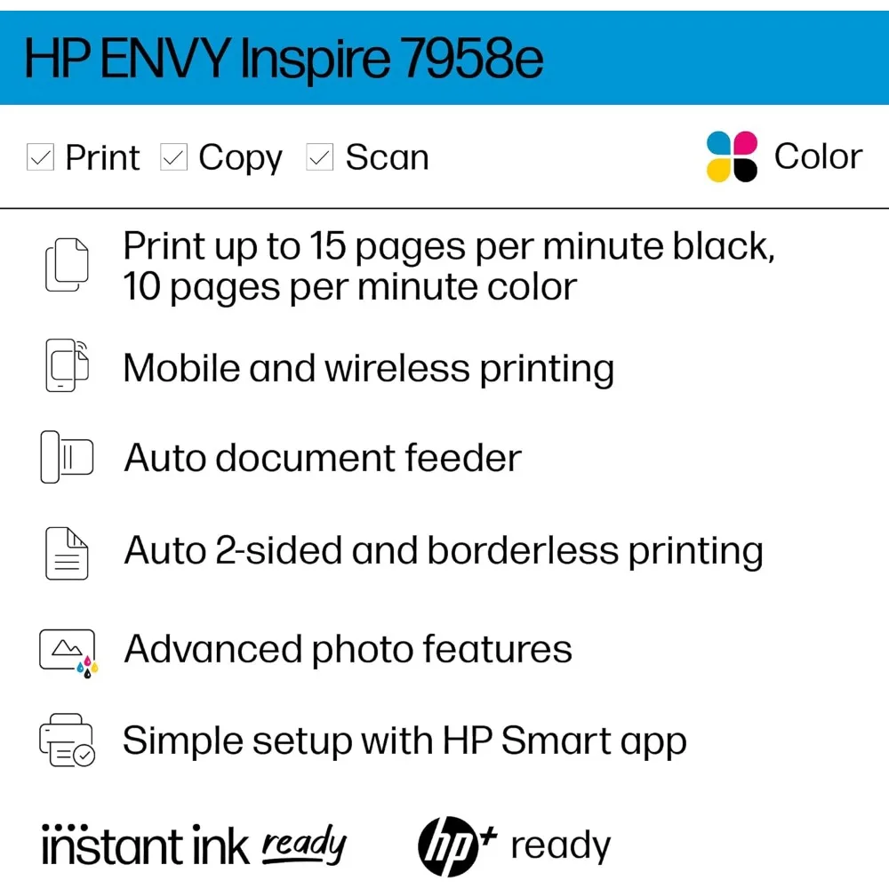 Afgunst Inspireren 7958e Draadloze Kleur Inkjetprinter, Afdrukken, Scannen, Kopiëren, Eenvoudige Installatie, Mobiel Printen, Het Beste Voor Thuis, Instant Inkt