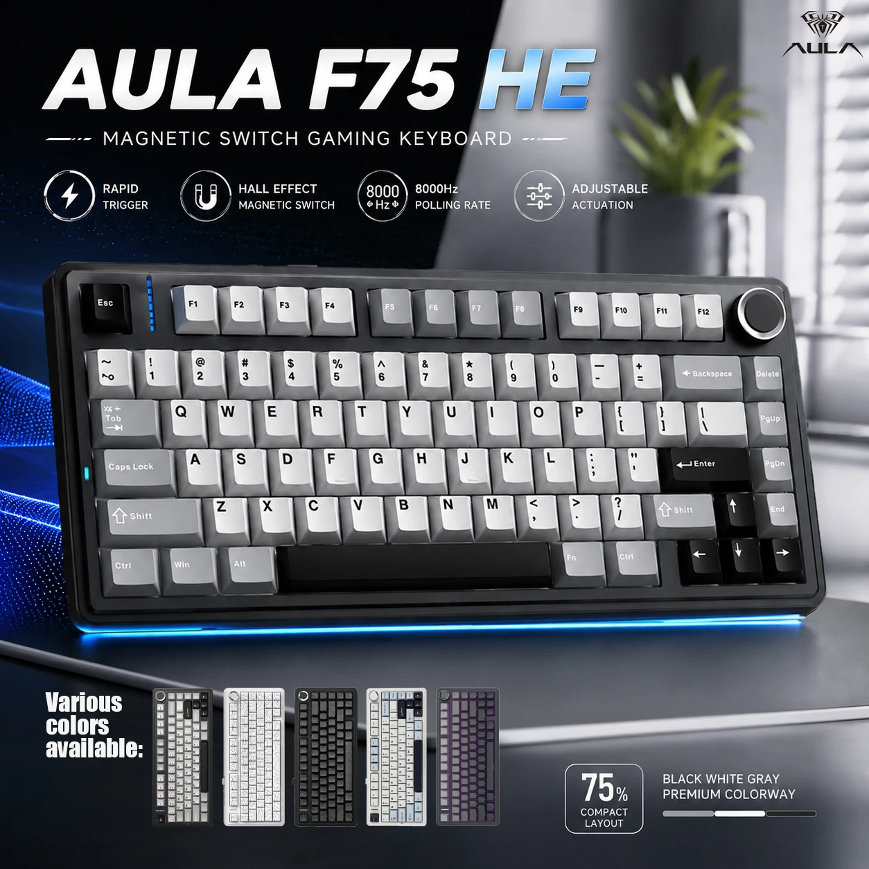 AULA F75 HE 75% Mechanical Keyboard Hall Effect Tri-mode 2.4G Bluetooth 5.3 Wired Hot Swap RGB 4000mAh Gaming 8K Polling Rate