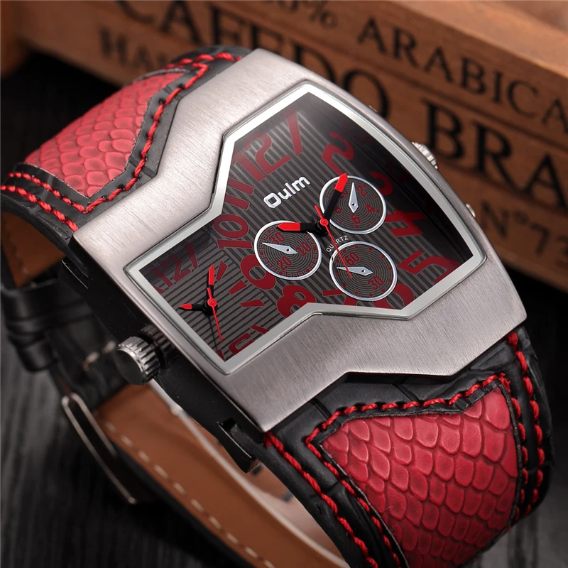 Fashion Top Brand Oulm 1220 Unique Leather Sports Men Luxury Brand Two Time Zone Military Clock Male Casual Quartz Watches Hours