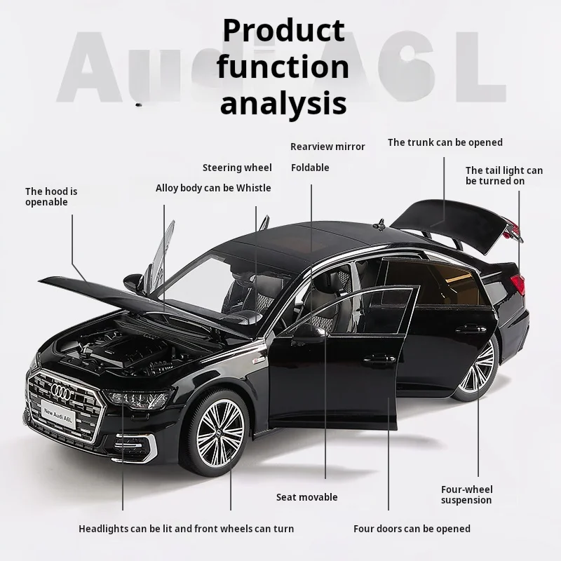 1:18 Audi A6L Sportback Model Toy Cars Alloy Diecast 6 Doors Opened with Pull Back Rubber Tires Ornament Vehicle Toys Gifts