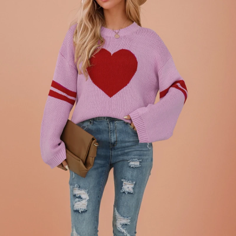 

Sweater Color Matching Heart-shaped Peach Round Neck Knitted Sweater for Valentine's Day