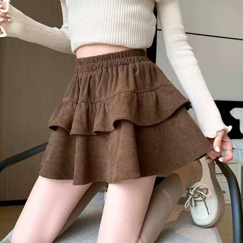 Vintage Corduroy Mini Skirt Women Autumn High Waist Preppy Dance Skirt Female Sweet Ruffles All-Match A-Line Pleated Skirts New