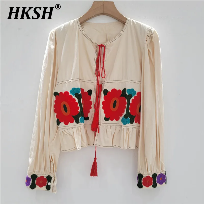 

HKSH Spring Summer New Women Ins Chic Original Ethnic Style Fashion Embroidered Flower Shirt Lace Up Ruffle Edge Top Coat HK5353