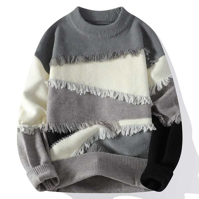 

men's autumn winter long sleeves knit sweater round neck mink fleece splice personality high street pullover trend fashion tops