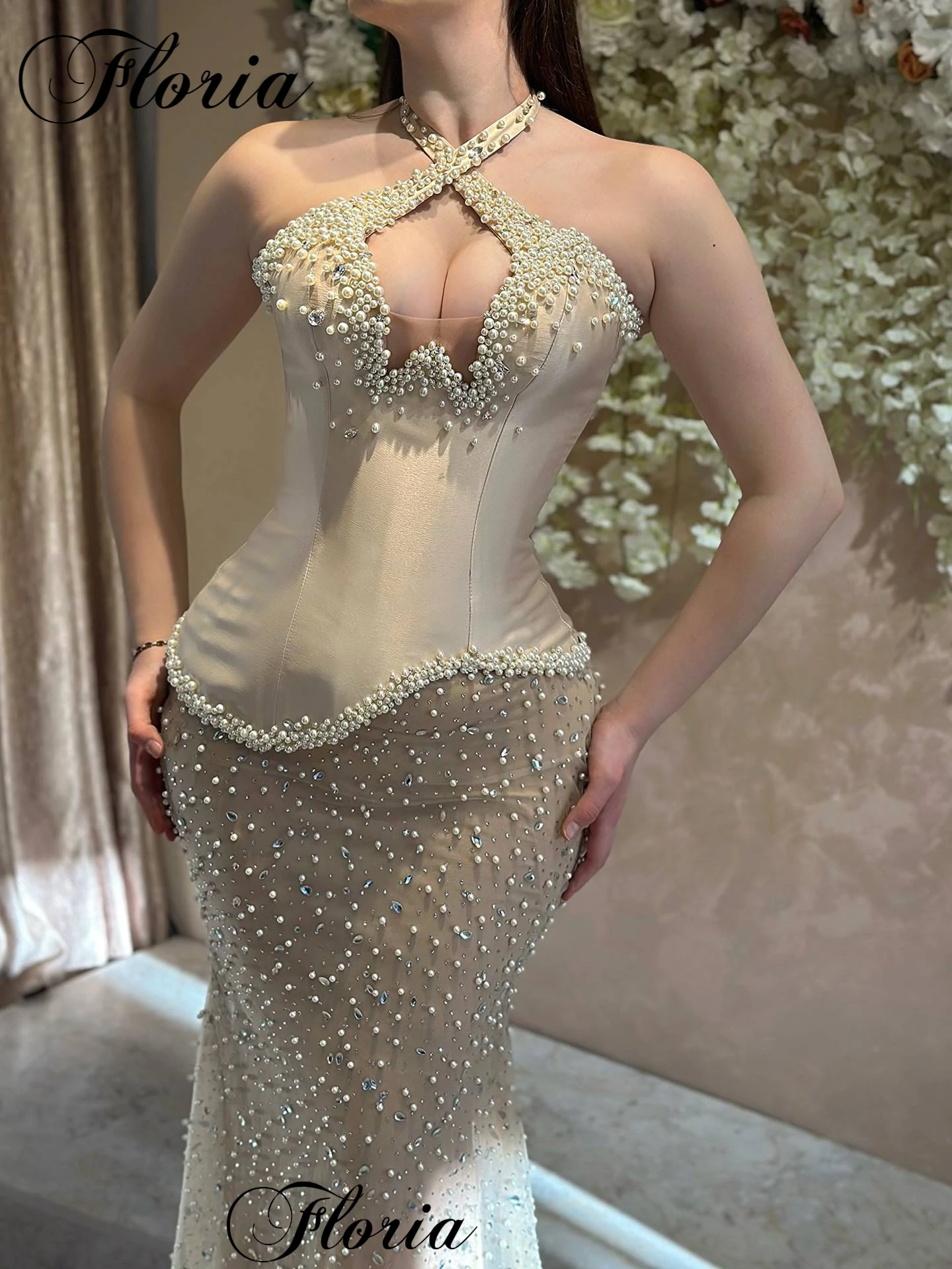 

Halter Pearls Cocktail Dresses Elegant Sleeveless Sexy Birthday Dresses Mermaid Wedding Party Dress Vestidos Femenino Customized