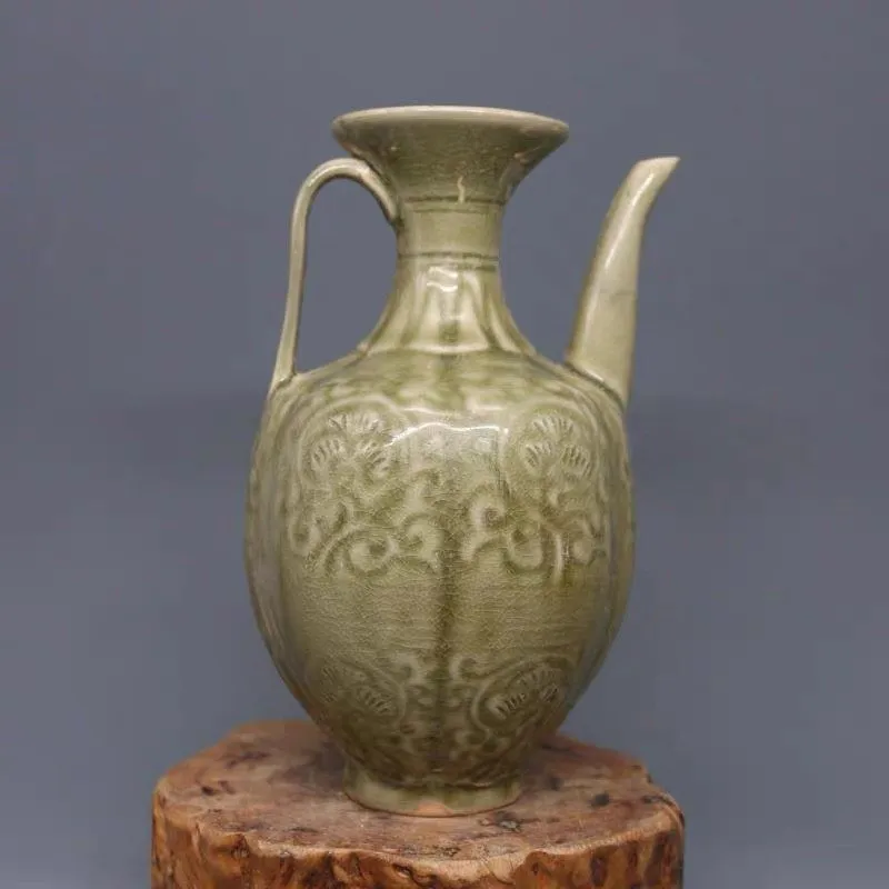 Chinese Brown Porcelain Teapot Song Yue Kiln Carved Flowers Design 7.5 inch