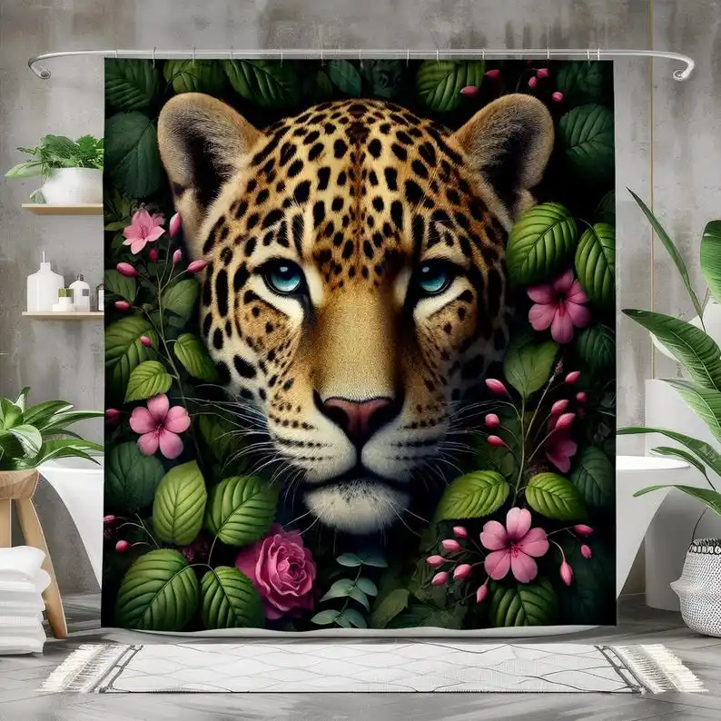 

Leopard Jungle Shower Curtain, Bold Animal Print Bathroom Decor, Tropical Floral Fabric Curtain with Wild Cat Art for Safari