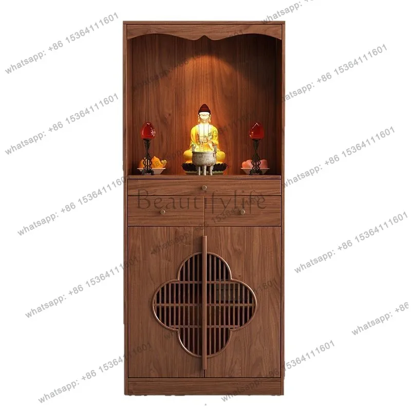 

Solid wood new Chinese casket vertical cabinet storage household with lamp walnut offering cabinet with door dustproof