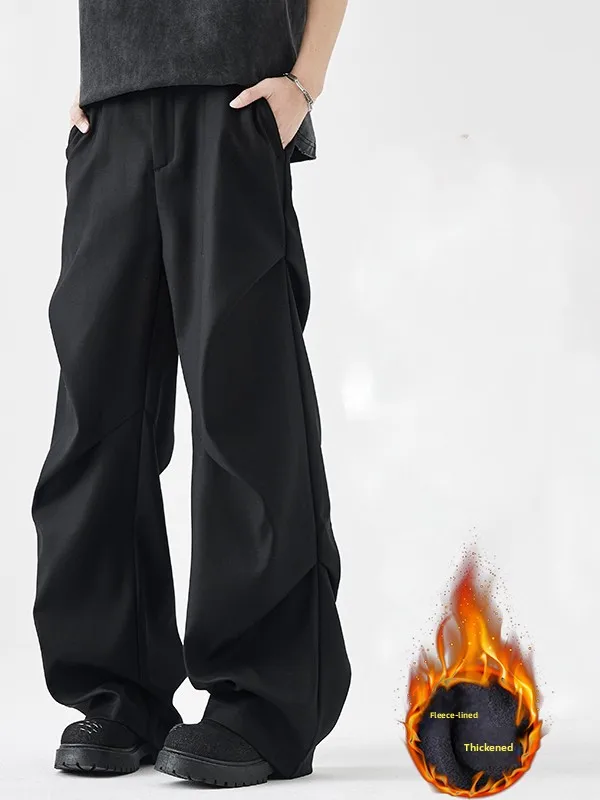 

American Sle Cleanfi Bla Bell Boted Trousers Men's Autumn Winter Fce Lined Slim Straight Casual Suit Pants