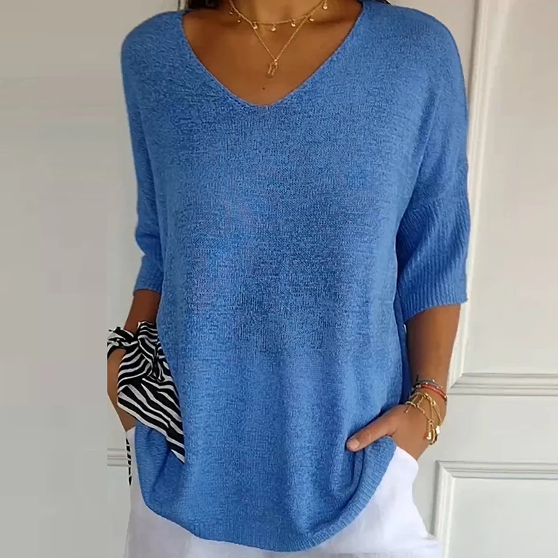 Simple Casual Solid Loose-fitting Sweater Women New Spring V Neck Bottoming T-shirt Autumn Half Sleeve Thin Knitted Top Pullover