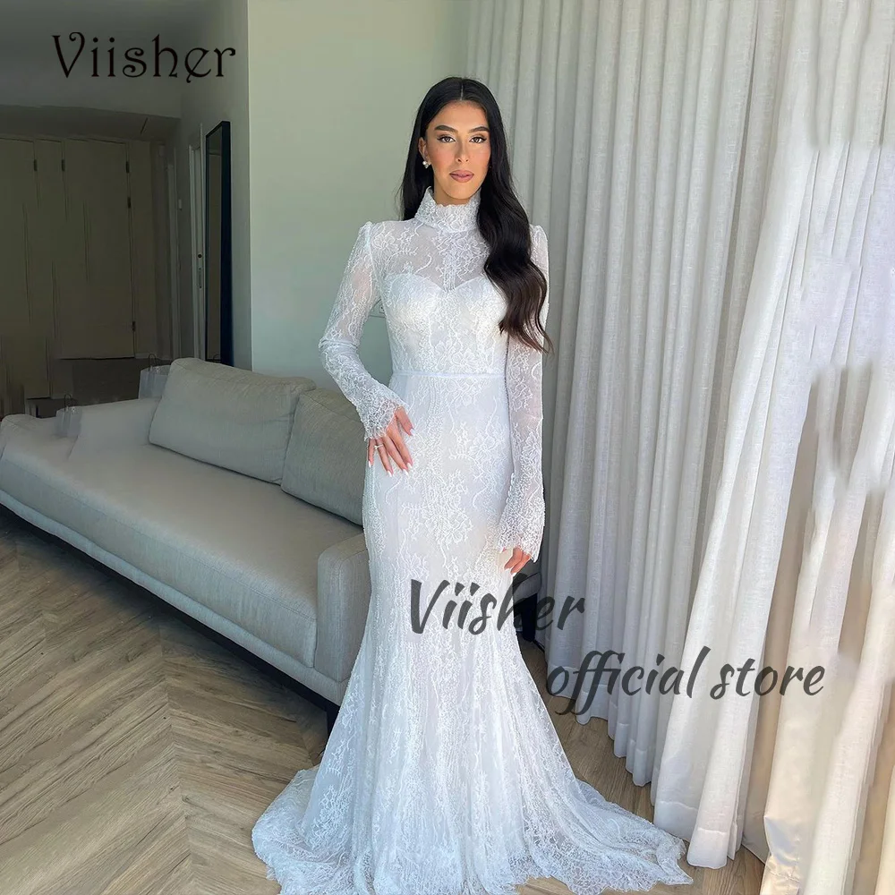 

Viisher Luxury Lace Appliques Wedding Dresses for Bride Long Sleeve High Neck Dubai Muslim Bridal Gowns Customized