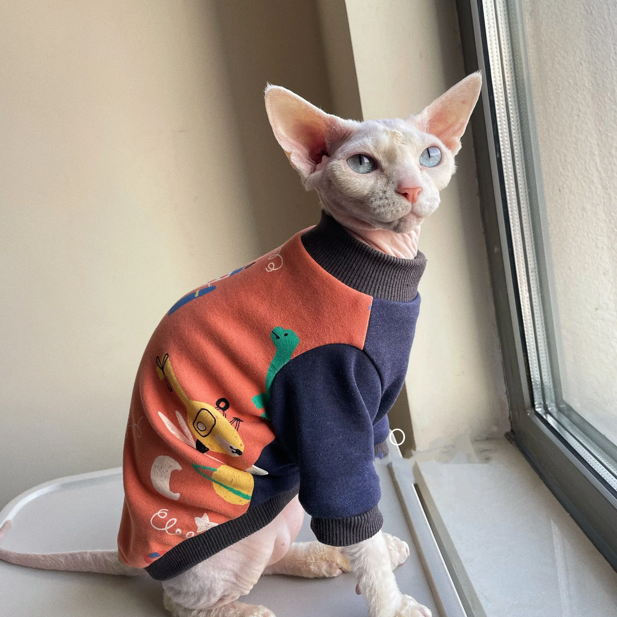 Winter Long Sleeved Sweatshirt for Sphynx Cat Soft Red Blue Cartoon Coat for Kittens in Spring Autumn Warm Pajamas for Devon Rex