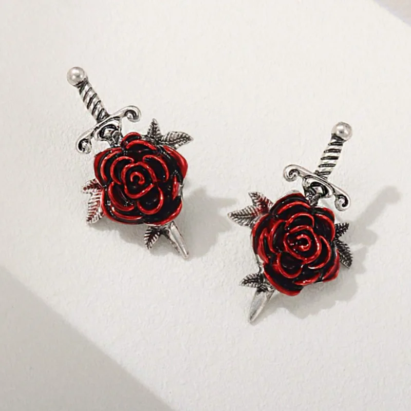 

Creative Rose Sword Ear Stud for Men Trendy Personality High-end Feel Thai Silver Earrings Retro Flower Screw Earrings Gifts