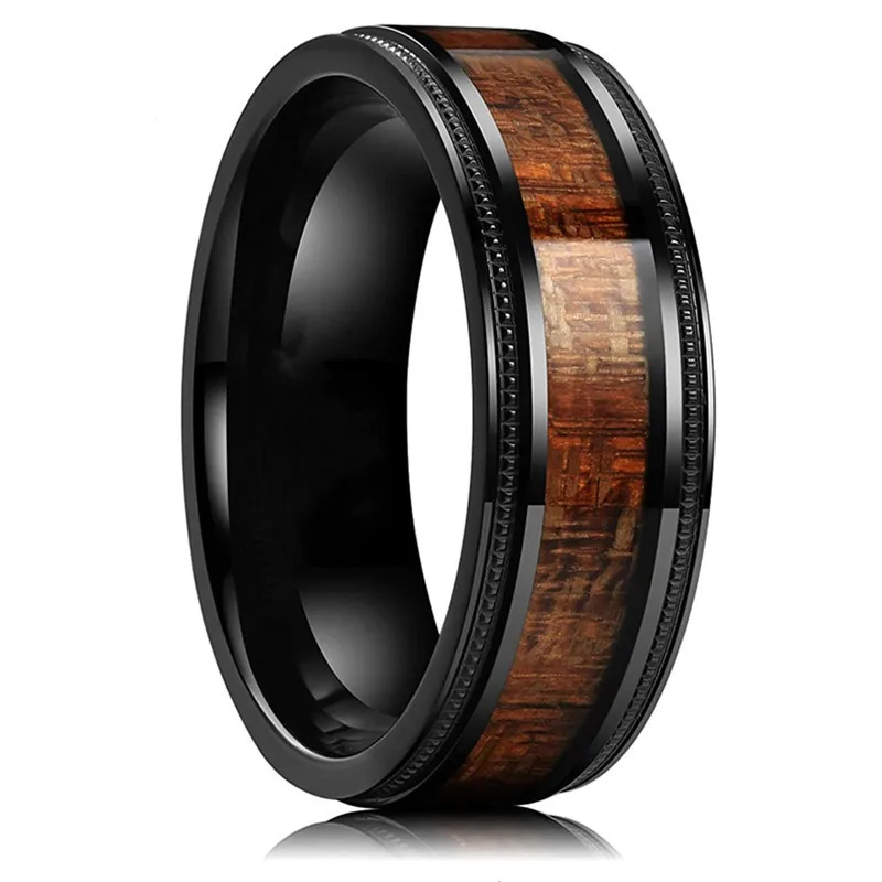 2024 Vintage Brown Wood Grain Men Rings Anniversary Party Jewelry Accessories Gift Fashion Stainless Steel Rings for Men