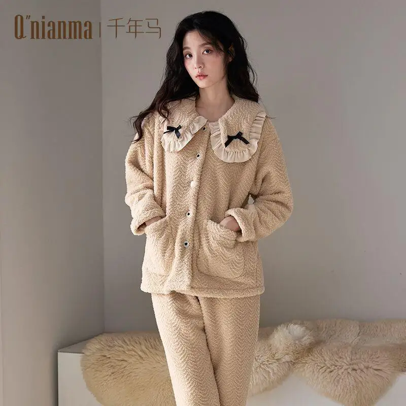 

Women's Pajama Set Autumn Winter Two Piece Comfortable Sleepwear Thick Lined Coral Fleece Flannel Cardigan Warm Home Clothes