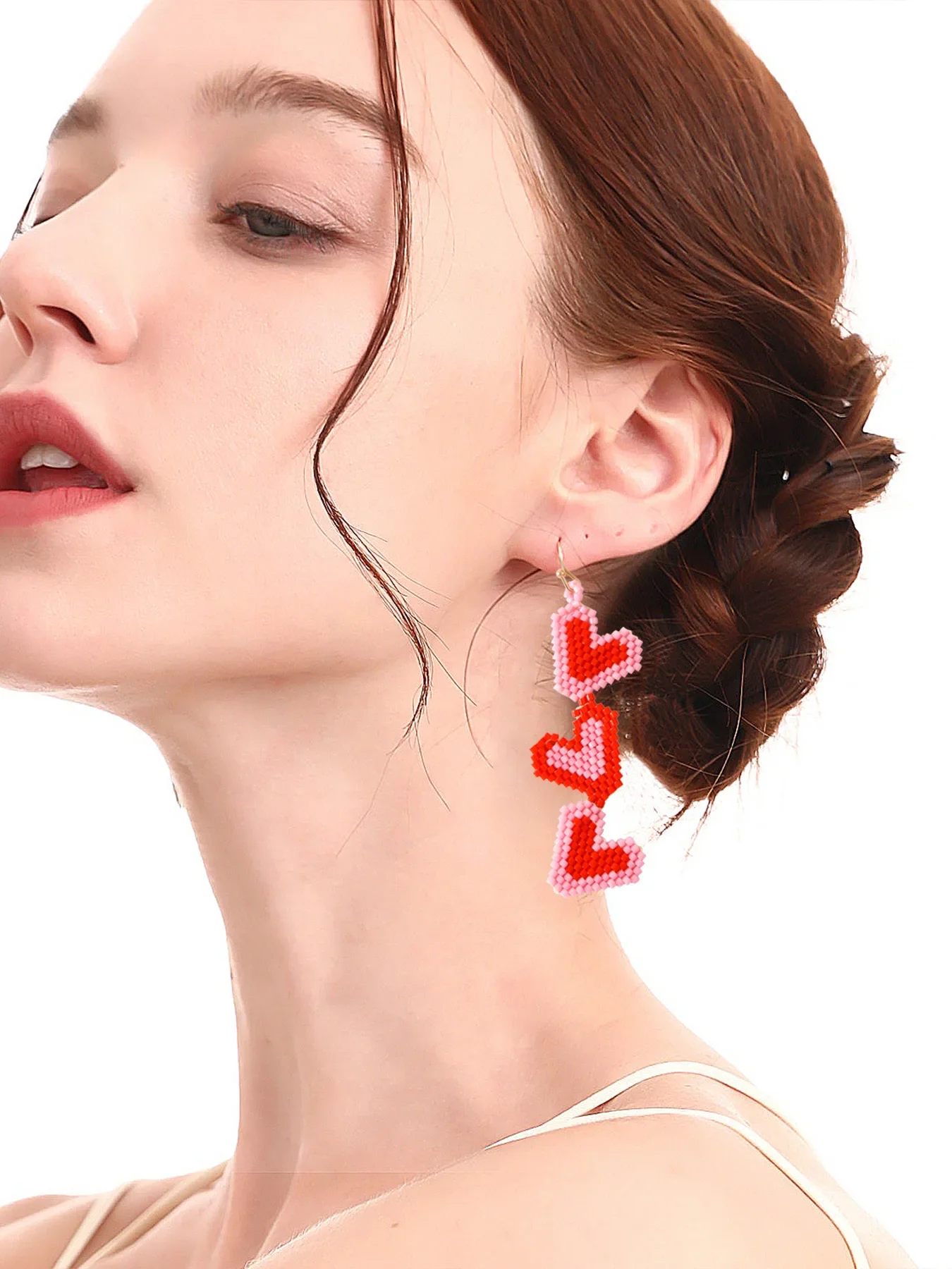 

Versatile Heart-Shaped Beaded Earrings for Women Colorful Three-Layer Hand-Knitted Bohemia Alloy Simple Rice Bead Design