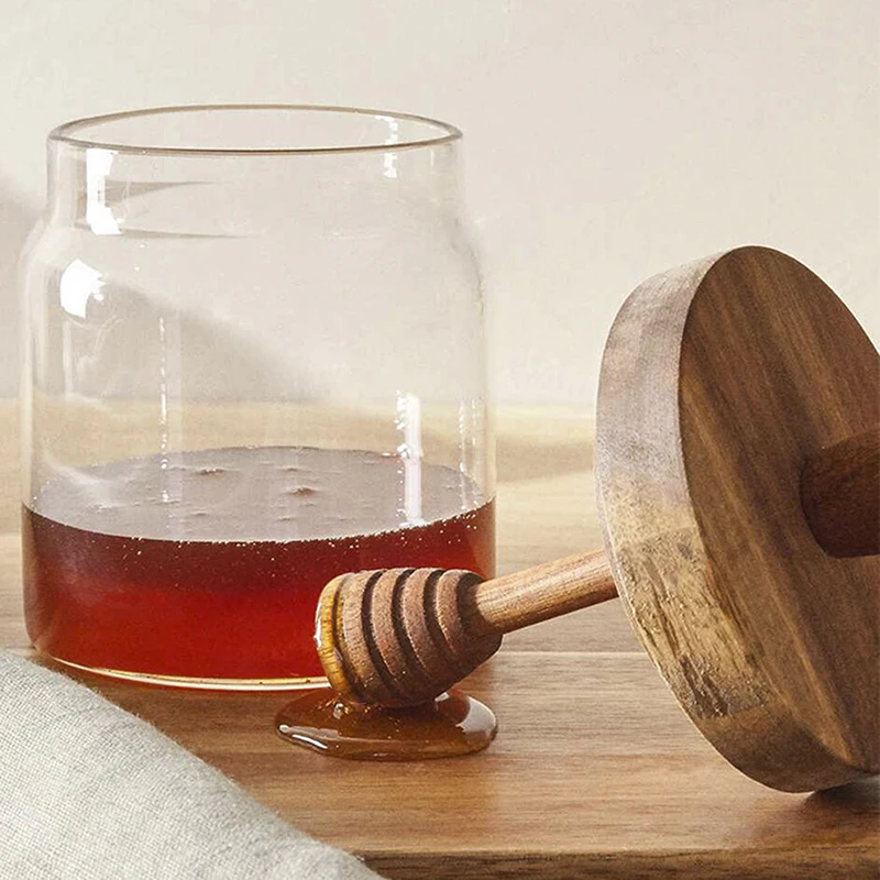 High Borosilicate Glass Honey Bottle With Wooden Lid And Stirring Rod For Honey Transparent Honey Storage Jar