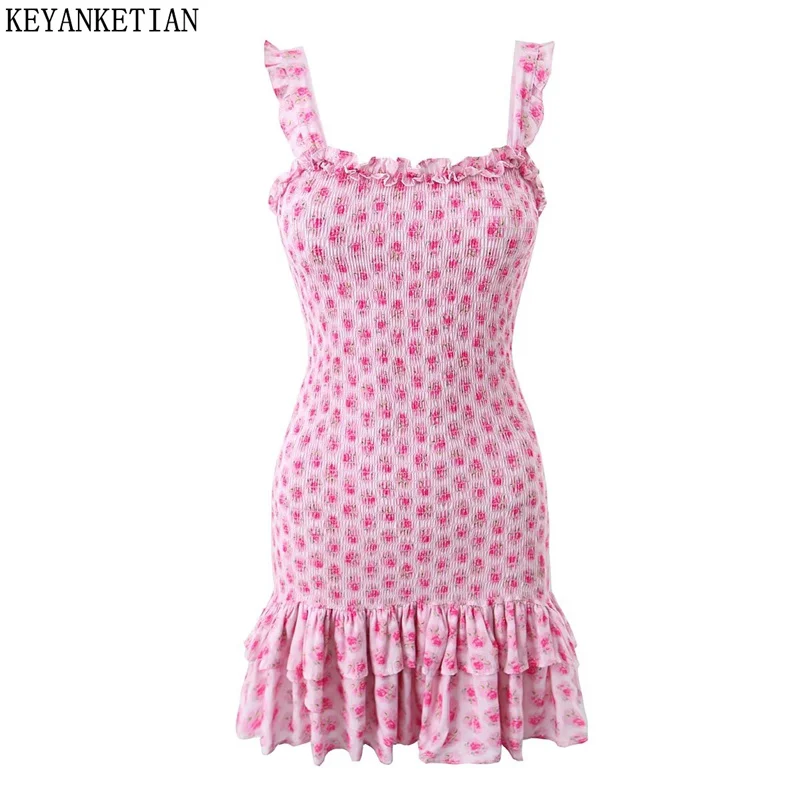 Keyanketian-Vestido feminino deslizante floral elástico, estilo pastoral retrô, babados em camadas, mini vestido agárico skintight, novo lançamento, 2022